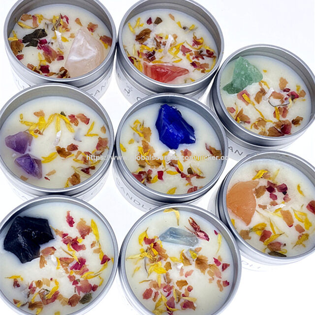 Vela de viagem portátil em lata prateada com flor seca e cristal, vela aromática de cera de soja para alívio do estresse