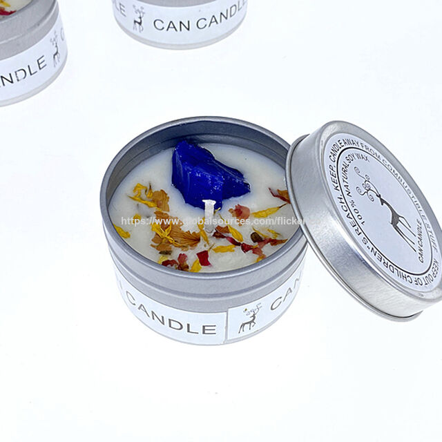 Vela de viagem portátil em lata prateada com flor seca e cristal, vela aromática de cera de soja para alívio do estresse