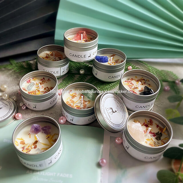 Vela de viagem portátil em lata prateada com flor seca e cristal, vela aromática de cera de soja para alívio do estresse
