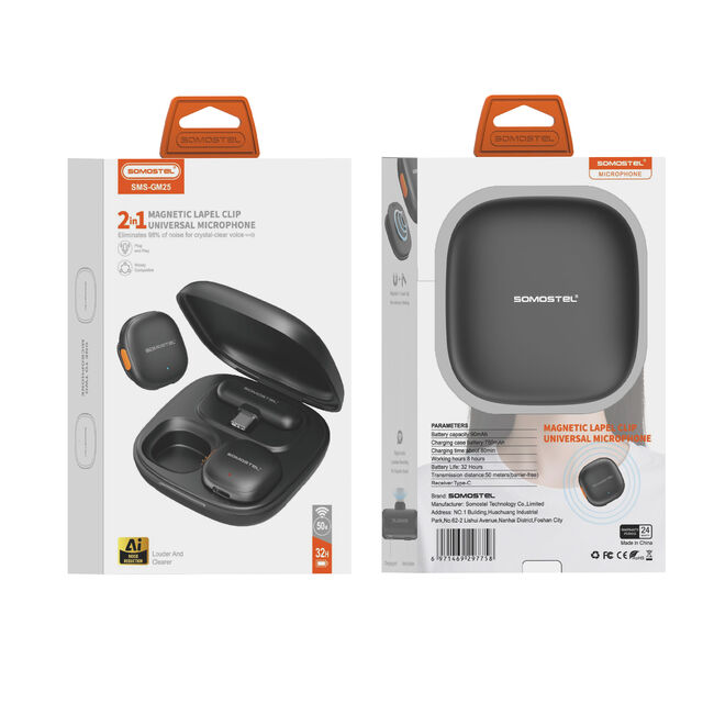 SOMOSTEL GM25 Microfone Inteligente com Cancelamento de Ruído AI, Dois Microfones de Lapela e Interface Tipo C