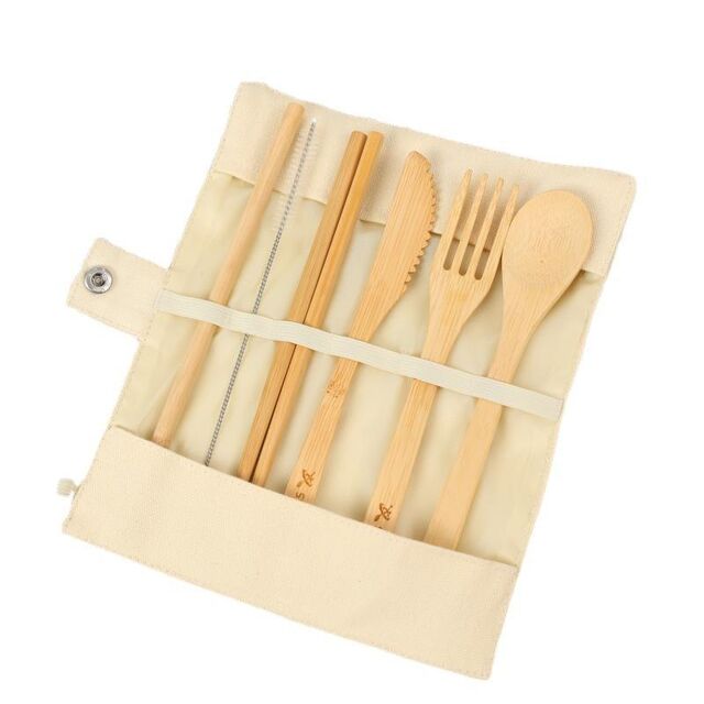Zuverlässiges, hochwertiges, multifunktionales, umweltfreundliches Großhandels-Besteckset mit Canvas-Tasche, Holzlöffel, Messer und Gabel für Reisen