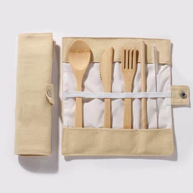 Zuverlässiges, hochwertiges, multifunktionales, umweltfreundliches Großhandels-Besteckset mit Canvas-Tasche, Holzlöffel, Messer und Gabel für Reisen