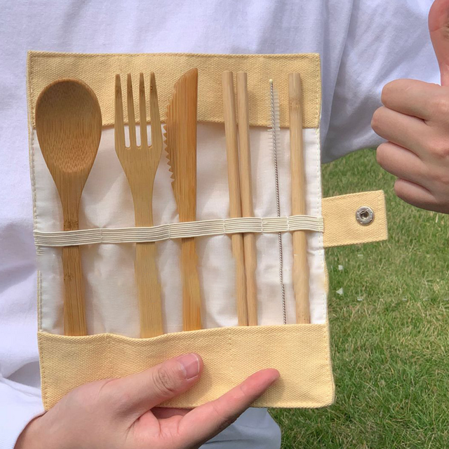 Zuverlässiges, hochwertiges, multifunktionales, umweltfreundliches Großhandels-Besteckset mit Canvas-Tasche, Holzlöffel, Messer und Gabel für Reisen