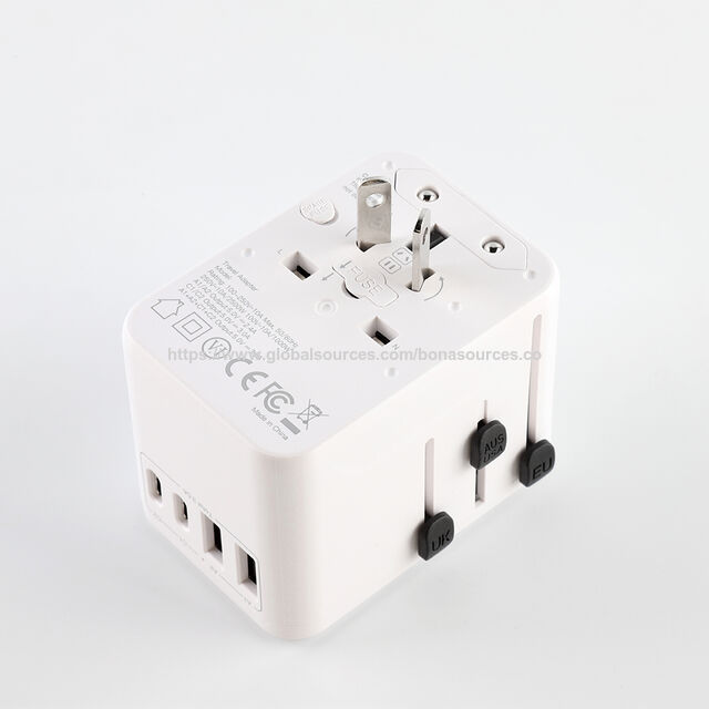 Adaptador de Tomada de Viagem Internacional para Múltiplos Dispositivos de Mesa com 2 Portas USB-C + 2 Portas USB-A, Adaptador de Carregamento com Plugues EU US AUS UK