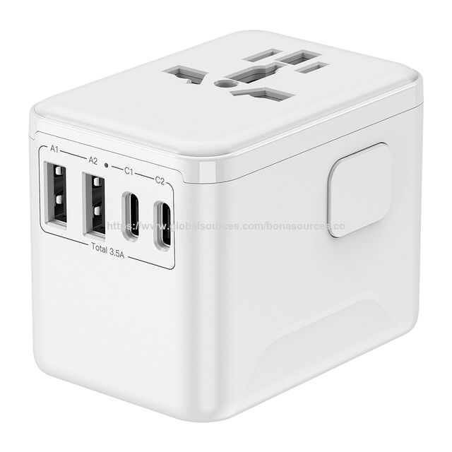 Adaptador de Tomada de Viagem Internacional para Múltiplos Dispositivos de Mesa com 2 Portas USB-C + 2 Portas USB-A, Adaptador de Carregamento com Plugues EU US AUS UK