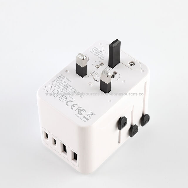 Adaptador de Tomada de Viagem Internacional para Múltiplos Dispositivos de Mesa com 2 Portas USB-C + 2 Portas USB-A, Adaptador de Carregamento com Plugues EU US AUS UK