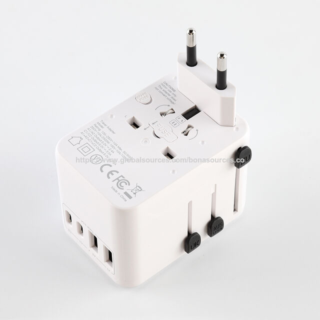 Adaptador de Tomada de Viagem Internacional para Múltiplos Dispositivos de Mesa com 2 Portas USB-C + 2 Portas USB-A, Adaptador de Carregamento com Plugues EU US AUS UK