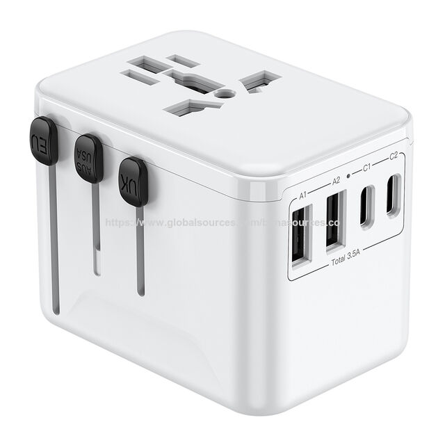 Adaptador de Tomada de Viagem Internacional para Múltiplos Dispositivos de Mesa com 2 Portas USB-C + 2 Portas USB-A, Adaptador de Carregamento com Plugues EU US AUS UK