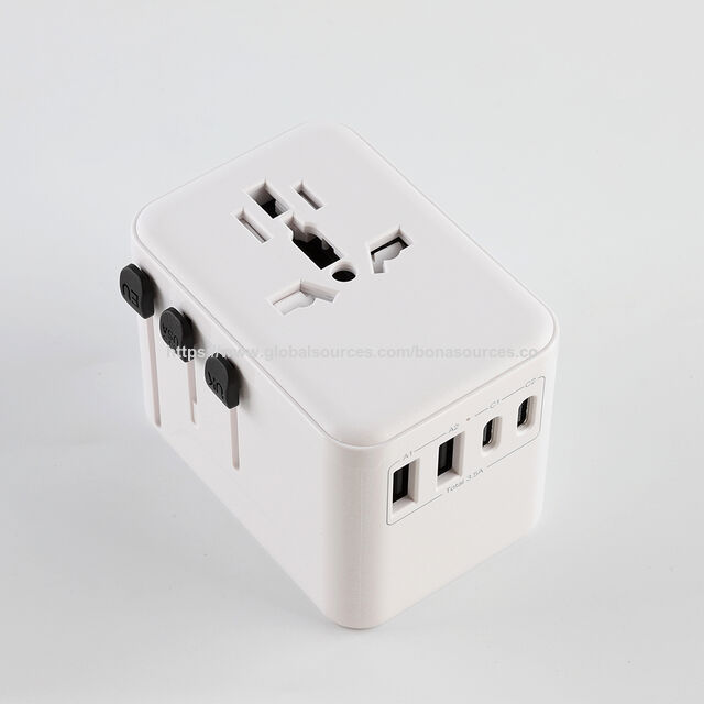 Adaptador de Tomada de Viagem Internacional para Múltiplos Dispositivos de Mesa com 2 Portas USB-C + 2 Portas USB-A, Adaptador de Carregamento com Plugues EU US AUS UK
