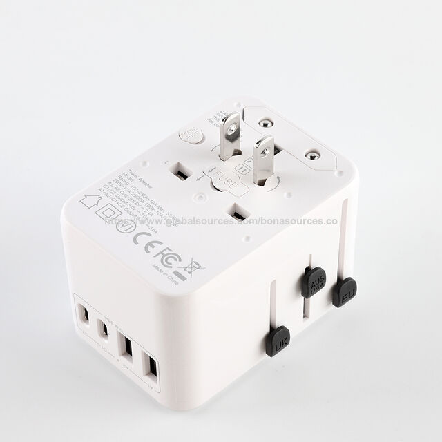 Adaptador de Tomada de Viagem Internacional para Múltiplos Dispositivos de Mesa com 2 Portas USB-C + 2 Portas USB-A, Adaptador de Carregamento com Plugues EU US AUS UK