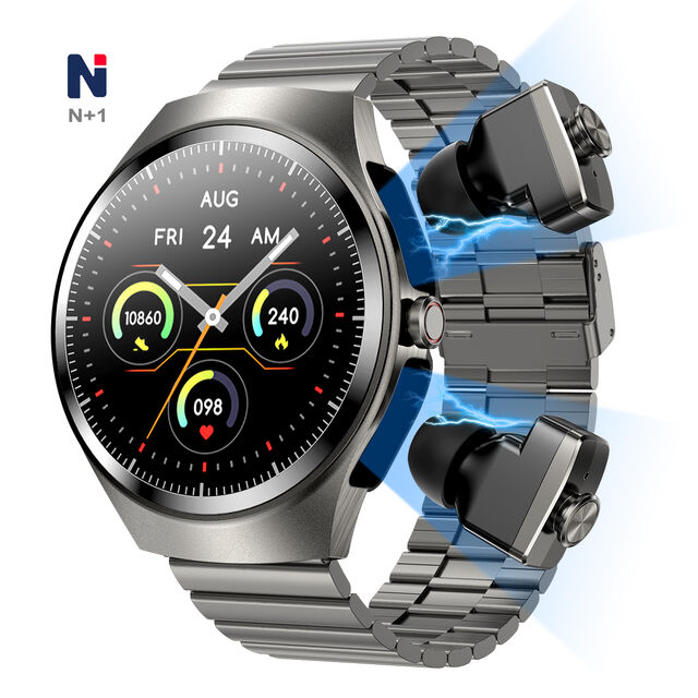 NMS05 أحدث ساعة ذكية مع سماعات أذن بلوتوث - شاشة AMOLED، تتبع الصحة، مقاومة للماء، لمحبي الرياضة والموسيقى