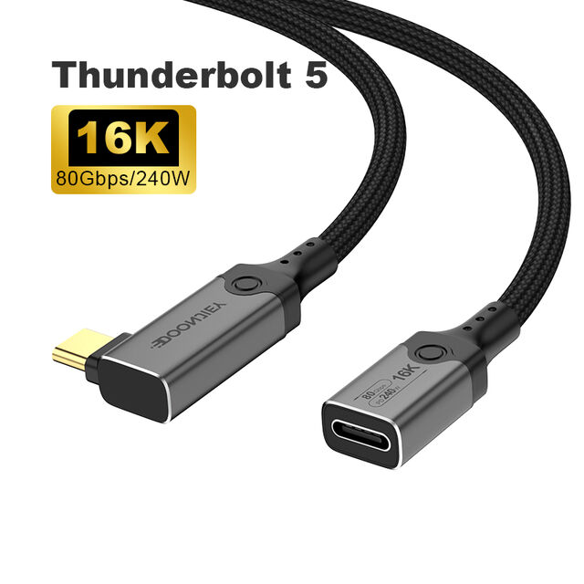 Cable USB5 con Curva Lateral, Transferencia de Datos de 80 Gbps, Tipo C Macho a Hembra, 240 W, Pantalla de Video 16K 60 Hz, Compatible con Thunderbolt 5