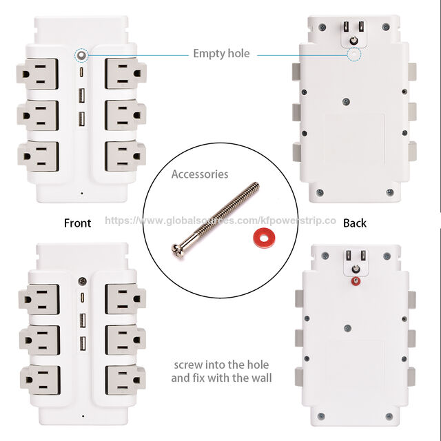 Regleta de enchufes con puertos USB, 6 tomas de corriente, enchufe de carga USB-C para pared