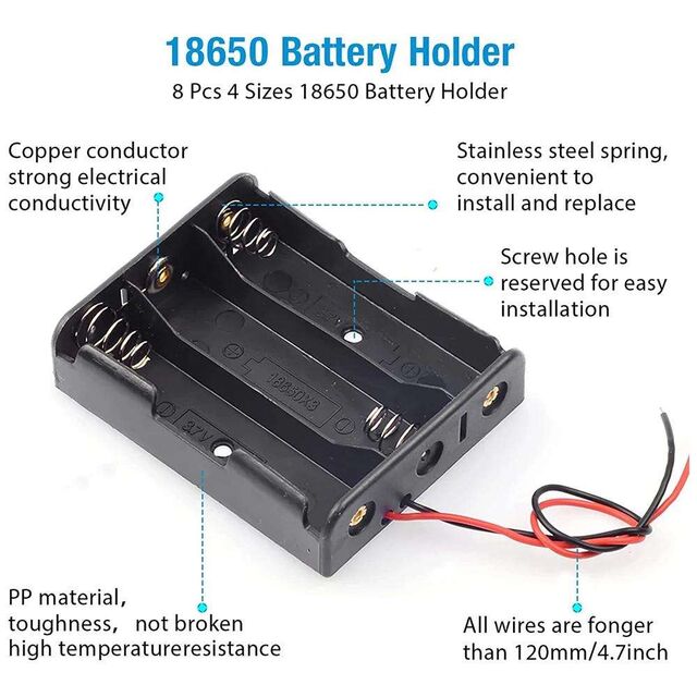 Portapilas 18650 de 3 celdas con conector CC, portapilas 18650 con conector CC de 2,1 mm/2,5 mm, material de contacto de latón para aplicaciones de alimentación