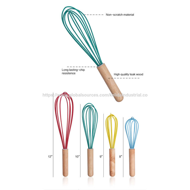 Batedores de cozinha coloridos, batedor de leite, creme de leite, batedor de ovos, cabo de madeira, batedor de ovos de silicone, batedor de creme para uso profissional e doméstico