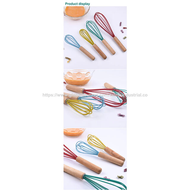 Batedores de cozinha coloridos, batedor de leite, creme de leite, batedor de ovos, cabo de madeira, batedor de ovos de silicone, batedor de creme para uso profissional e doméstico