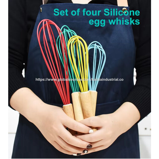 Batedores de cozinha coloridos, batedor de leite, creme de leite, batedor de ovos, cabo de madeira, batedor de ovos de silicone, batedor de creme para uso profissional e doméstico