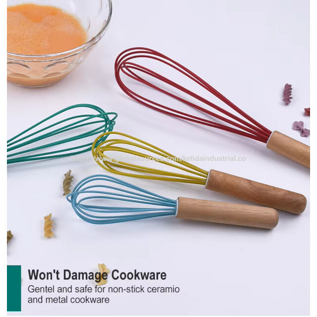 Batedores de cozinha coloridos, batedor de leite, creme de leite, batedor de ovos, cabo de madeira, batedor de ovos de silicone, batedor de creme para uso profissional e doméstico