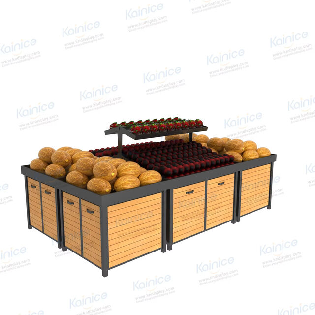 Anpassbare Obst- und Gemüseständer aus Stahl und Holz für den modernen Einzelhandel. Passen Sie Größe, Ausführung und Layout an die einzigartige Marke Ihres Supermarkts an.