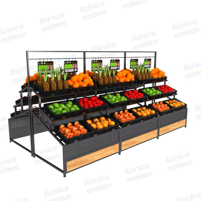 Anpassbare Obst- und Gemüseständer aus Stahl und Holz für den modernen Einzelhandel. Passen Sie Größe, Ausführung und Layout an die einzigartige Marke Ihres Supermarkts an.