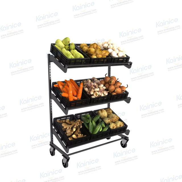 Anpassbare Obst- und Gemüseständer aus Stahl und Holz für den modernen Einzelhandel. Passen Sie Größe, Ausführung und Layout an die einzigartige Marke Ihres Supermarkts an.