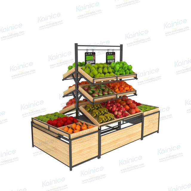 Anpassbare Obst- und Gemüseständer aus Stahl und Holz für den modernen Einzelhandel. Passen Sie Größe, Ausführung und Layout an die einzigartige Marke Ihres Supermarkts an.