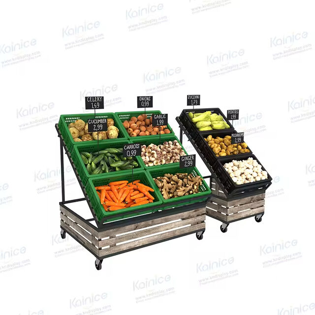 Anpassbare Obst- und Gemüseständer aus Stahl und Holz für den modernen Einzelhandel. Passen Sie Größe, Ausführung und Layout an die einzigartige Marke Ihres Supermarkts an.