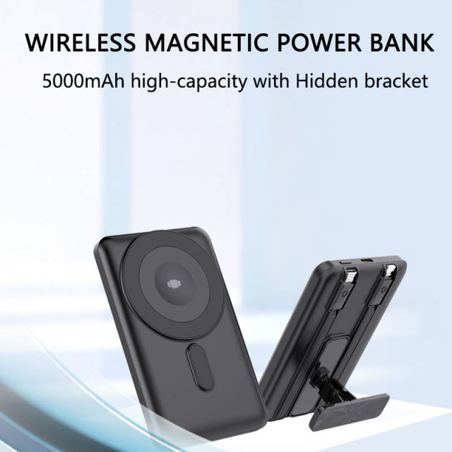 OEM 5000mAh 10000mAh CE KC PSE Banco de energía magnético inalámbrico de carga rápida con 2 cables incorporados y soporte para exteriores
