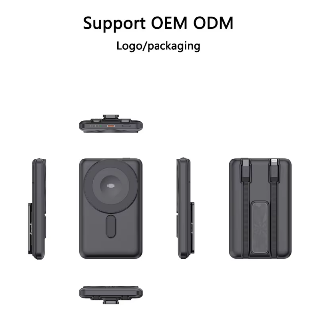 OEM 5000mAh 10000mAh CE KC PSE Banco de energía magnético inalámbrico de carga rápida con 2 cables incorporados y soporte para exteriores