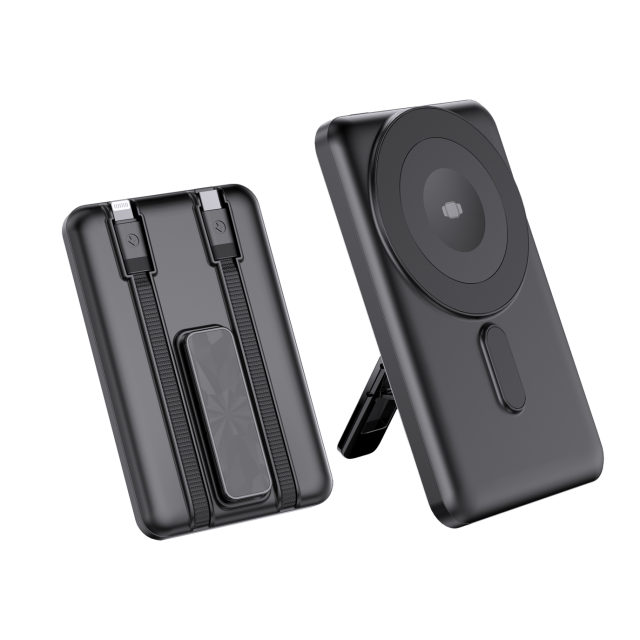 OEM 5000mAh 10000mAh CE KC PSE Banco de energía magnético inalámbrico de carga rápida con 2 cables incorporados y soporte para exteriores