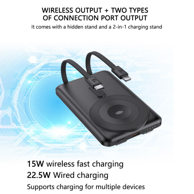 OEM 5000mAh 10000mAh CE KC PSE Banco de energía magnético inalámbrico de carga rápida con 2 cables incorporados y soporte para exteriores