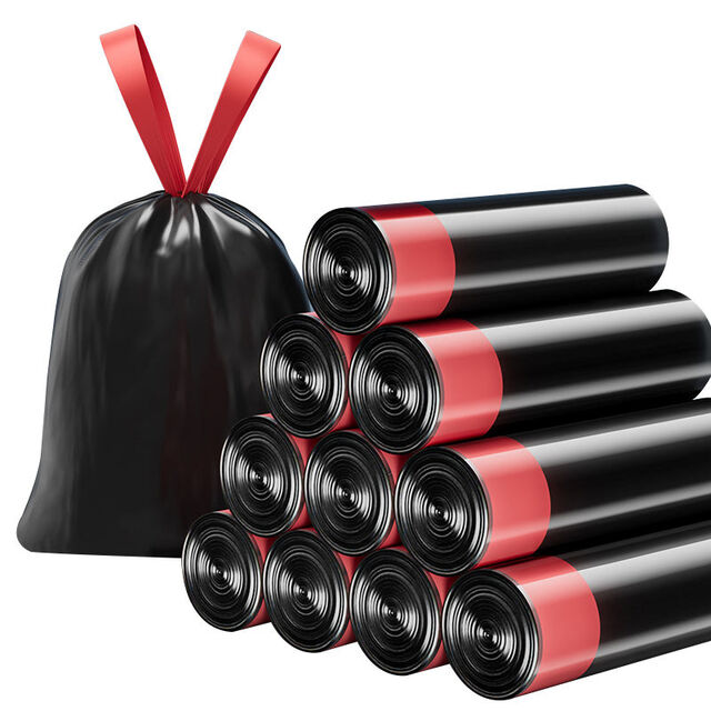 Bolsas de basura resistentes desechables con cordón, amarillas y negras de fábrica, rollo de bolsas de plástico para basura recicladas al por mayor