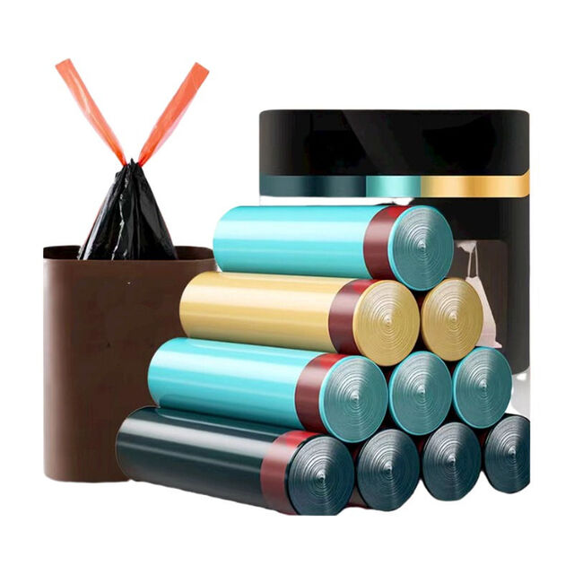Bolsas de basura resistentes desechables con cordón, amarillas y negras de fábrica, rollo de bolsas de plástico para basura recicladas al por mayor
