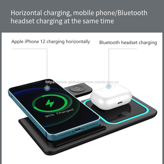 Faltbares 3-in-1 kabelloses Ladegerät 15W mit Nachtlicht, Schnellladestation für iPhone, Uhr, Kopfhörer (Schwarz/Weiß)
