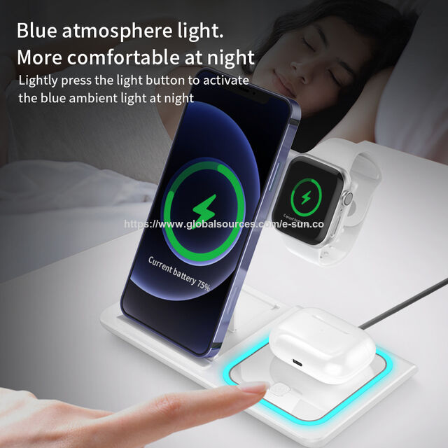 Faltbares 3-in-1 kabelloses Ladegerät 15W mit Nachtlicht, Schnellladestation für iPhone, Uhr, Kopfhörer (Schwarz/Weiß)
