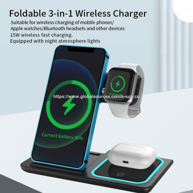 Faltbares 3-in-1 kabelloses Ladegerät 15W mit Nachtlicht, Schnellladestation für iPhone, Uhr, Kopfhörer (Schwarz/Weiß)