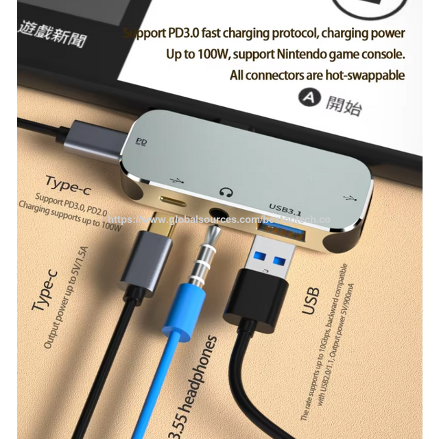 Adaptador USB Hub Tipo C 5 en 1 con Jack de Auriculares, Divisor de Audio USB C, Adaptador USB C Hub para Laptop y Teléfono