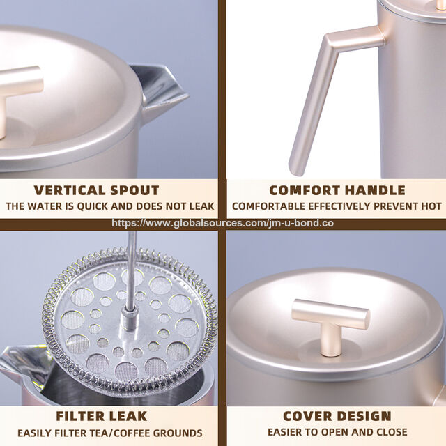 Prensa Francesa de Aço Inoxidável Isolada de 1 Litro com Design Lavável na Lava-Louças, Cafeteira Manual para Moagem Grossa