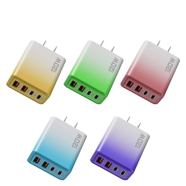 شاحن ذكي عابر للحدود PD120W متدرج ثنائي USB & ثنائي النوع C متعدد المنافذ 5V2A محول طاقة يتميز بوظيفة PD 3.0