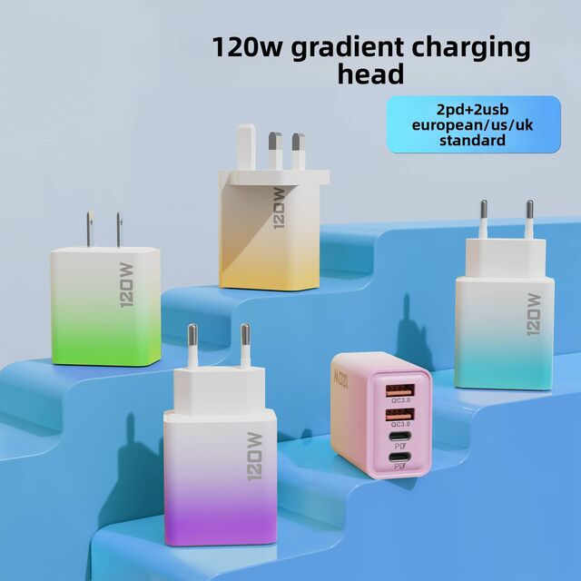 شاحن ذكي عابر للحدود PD120W متدرج ثنائي USB & ثنائي النوع C متعدد المنافذ 5V2A محول طاقة يتميز بوظيفة PD 3.0