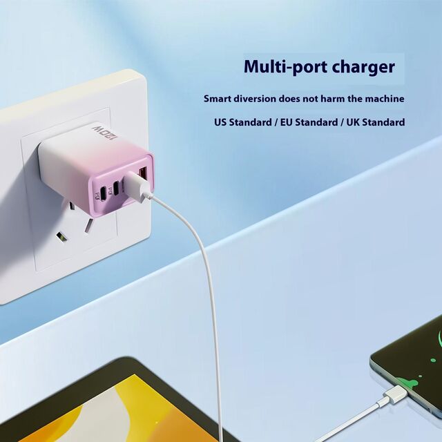 شاحن ذكي عابر للحدود PD120W متدرج ثنائي USB & ثنائي النوع C متعدد المنافذ 5V2A محول طاقة يتميز بوظيفة PD 3.0