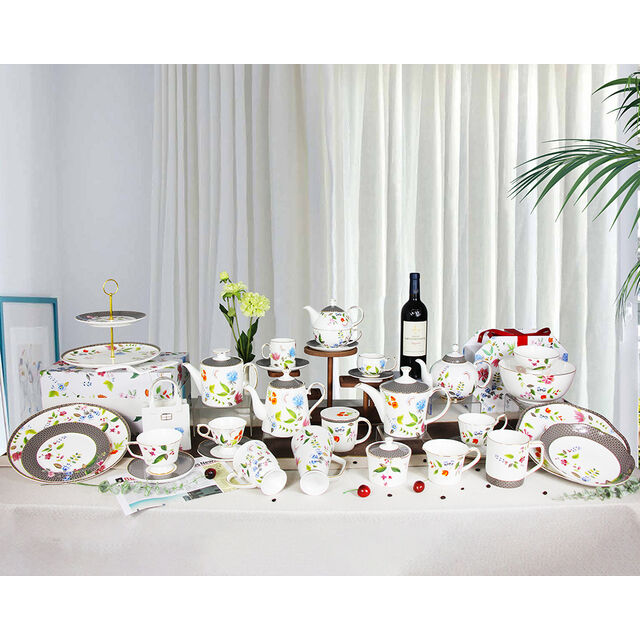 Juego de Vajilla de Lujo de Porcelana Fina China para Té, Vajilla de Cerámica China de Color, Apta para Lavavajillas para Sala de Estar y Comedor