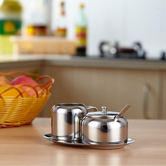 Zucker- und Sahnekännchen-Set aus Edelstahl, komplett mit Löffel und Tablett, Kaffeeservice-Set (Zucker & Sahne)