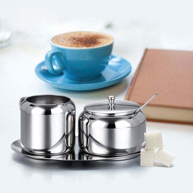 Zucker- und Sahnekännchen-Set aus Edelstahl, komplett mit Löffel und Tablett, Kaffeeservice-Set (Zucker & Sahne)
