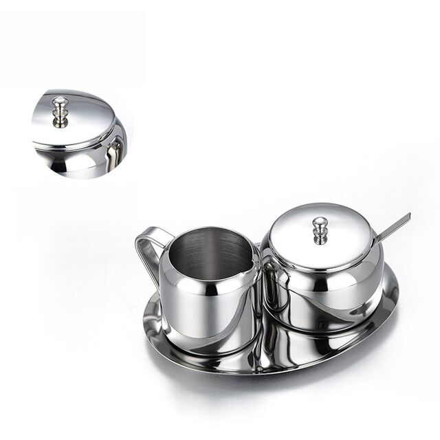 Zucker- und Sahnekännchen-Set aus Edelstahl, komplett mit Löffel und Tablett, Kaffeeservice-Set (Zucker & Sahne)