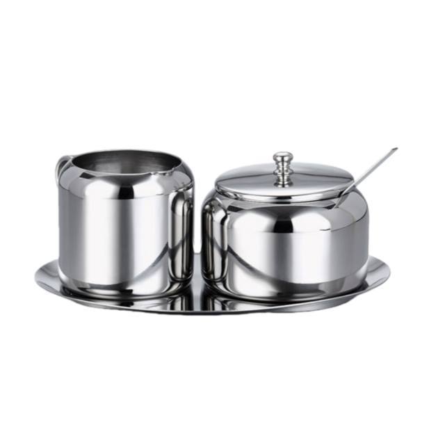 Zucker- und Sahnekännchen-Set aus Edelstahl, komplett mit Löffel und Tablett, Kaffeeservice-Set (Zucker & Sahne)