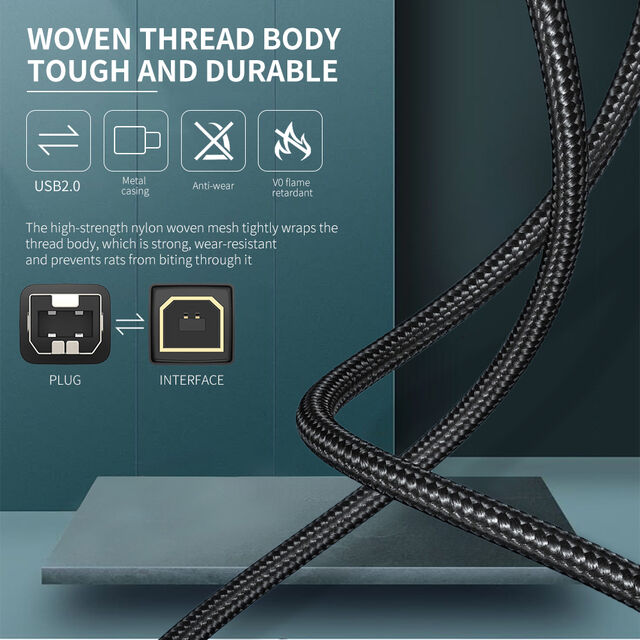 Cable de impresora de sincronización MFP de fax y escáner de datos de alta velocidad con cubierta de fibra trenzada de nailon negro USB-B macho a TYPE-C/USB2.0 macho