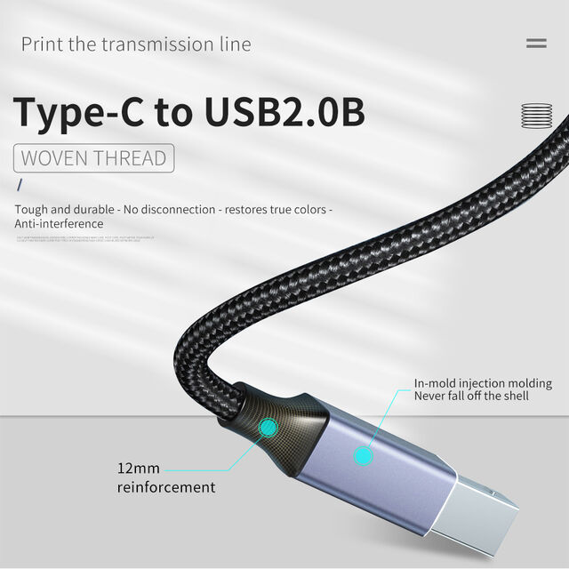 Cable de impresora de sincronización MFP de fax y escáner de datos de alta velocidad con cubierta de fibra trenzada de nailon negro USB-B macho a TYPE-C/USB2.0 macho