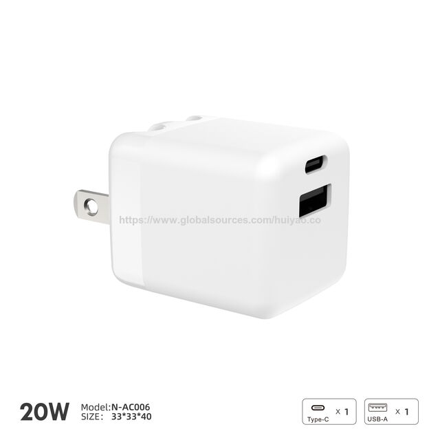 شاحن حائط سريع 20 واط معتمد من PSE، محول USB-C و USB-A، N-AC006A للاستخدام العالمي (100-240 فولت)