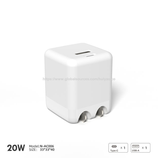 شاحن حائط سريع 20 واط معتمد من PSE، محول USB-C و USB-A، N-AC006A للاستخدام العالمي (100-240 فولت)